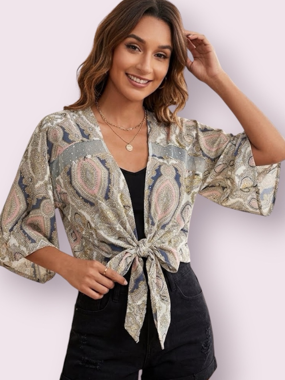 BCBGeneration Cropped Tie Front Paisley & Lace Kimono Top Size Large